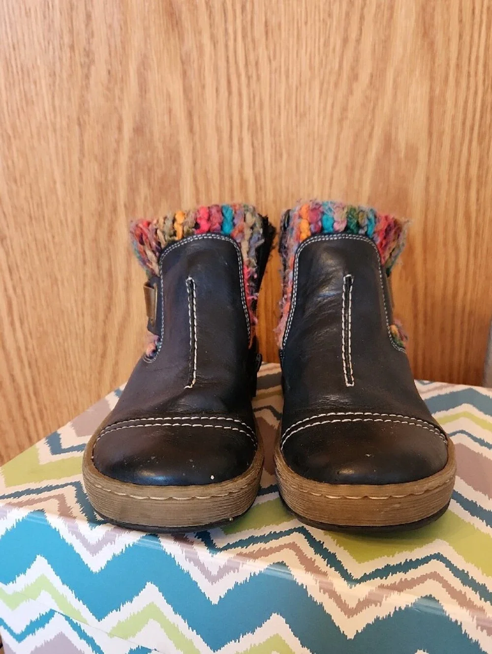 Rieker Navy Leather Ankle Boots with Multicolor Knit Cuff